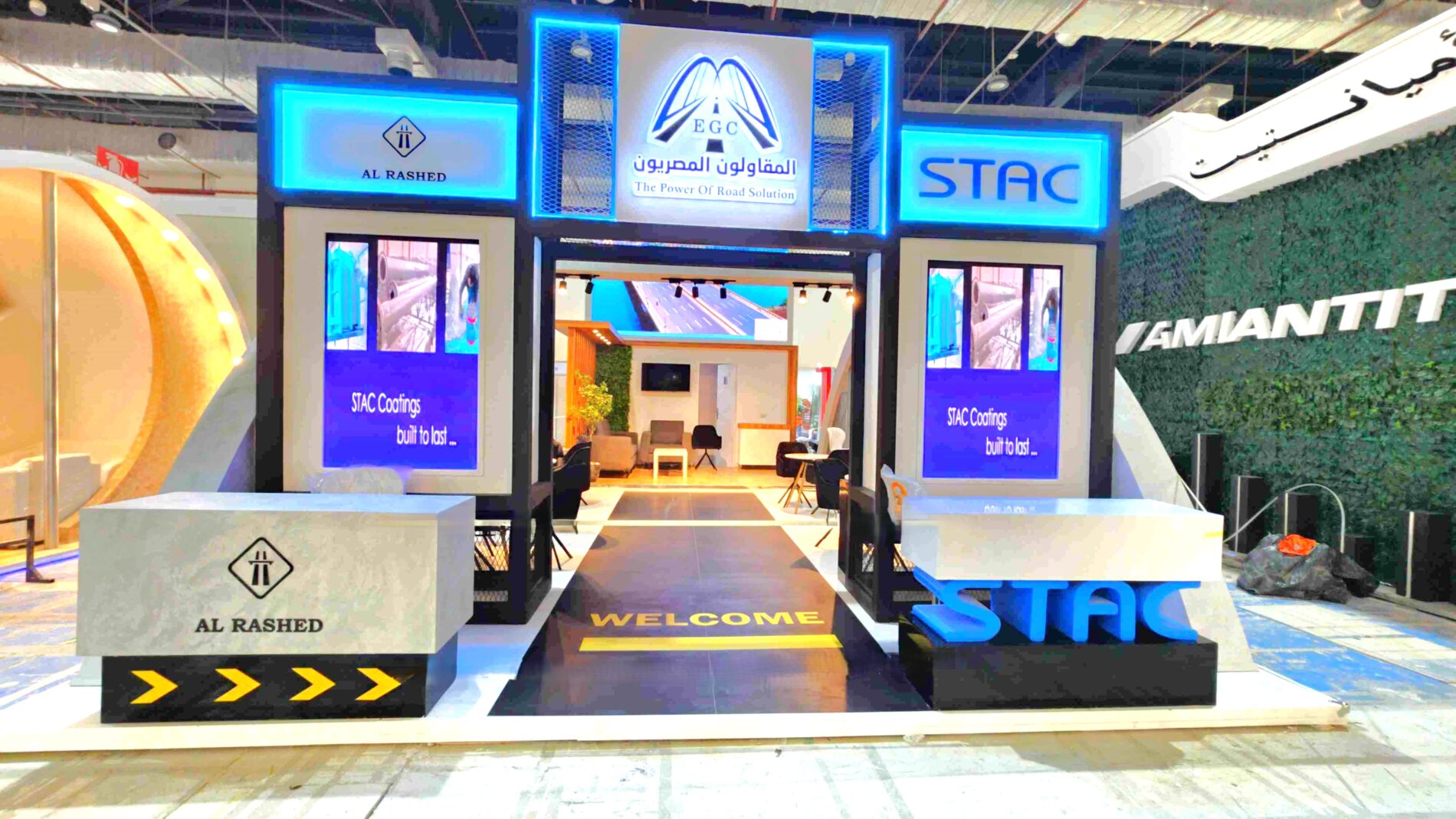 The Egyptian Contractors booth at The Big Five exhibition, featuring a blend of contemporary design and traditional elements, with an engaging and informative layout.