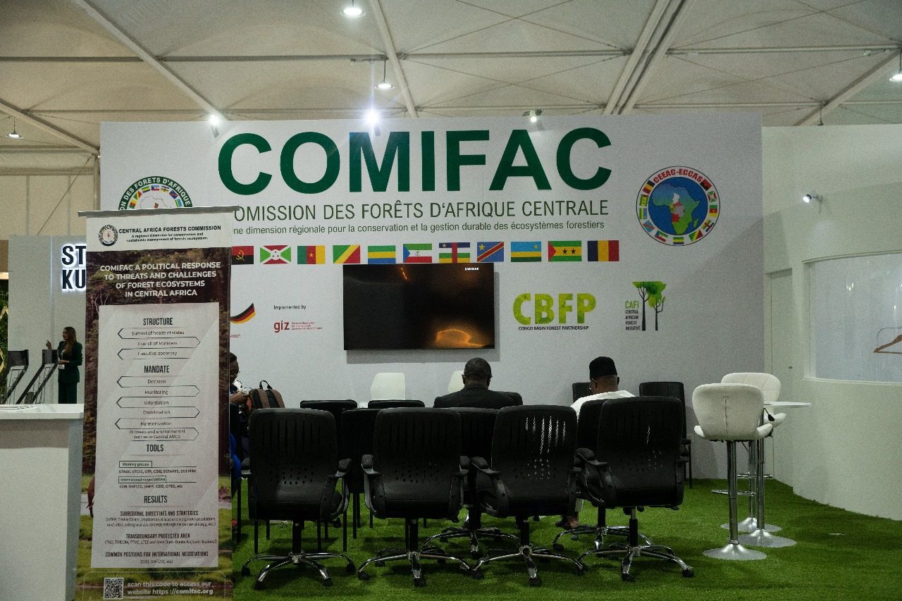 COMIFAC booth at COP27 in Sharm El Sheikh, showcasing a detailed and informative display on Central Africa's forest conservation efforts, with maps, visuals, and materials emphasizing sustainable management of natural resources.